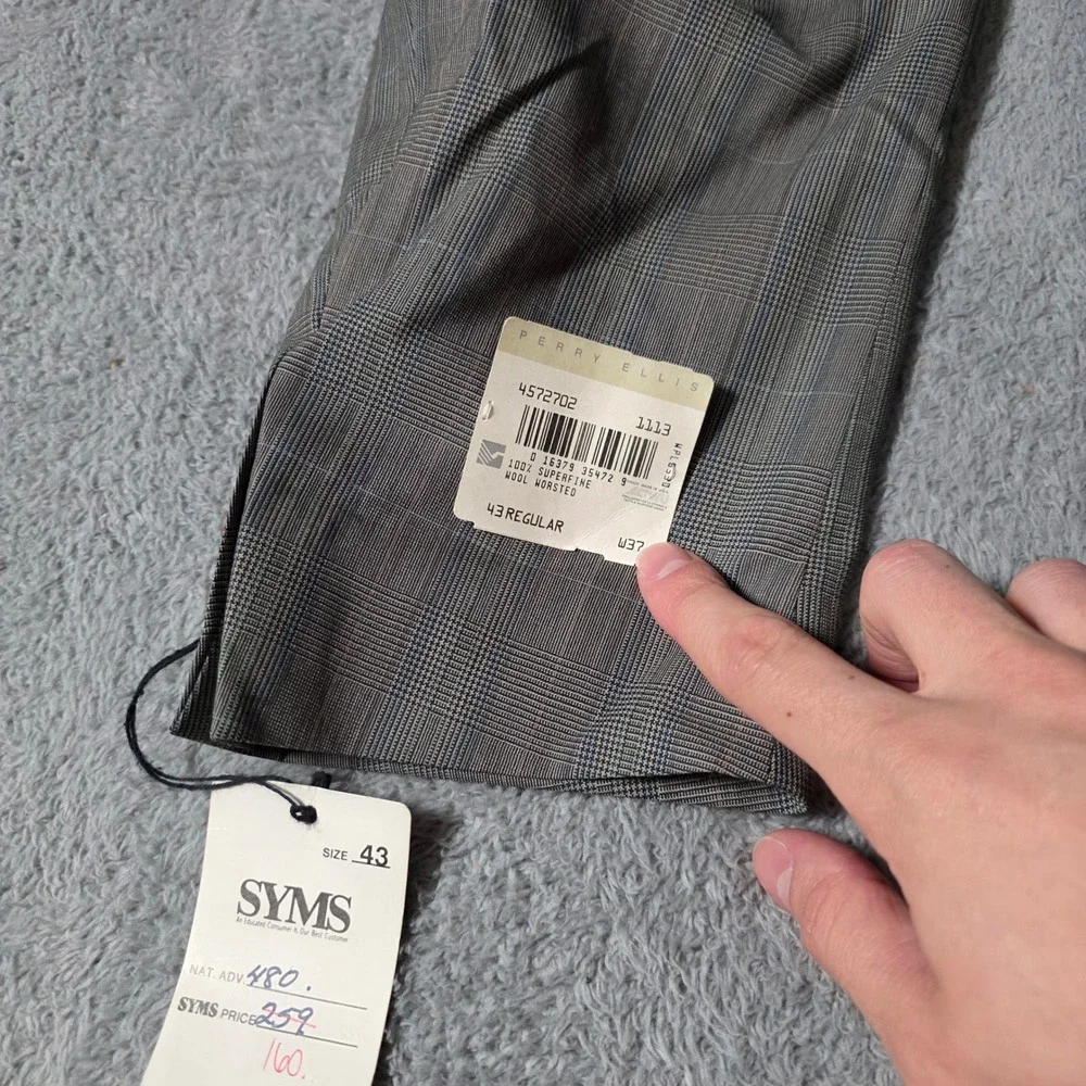 Perry Ellis Mens 43R 36x37 Suit Grey Glen Plaid Double Breasted Wool Vintage
